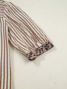 Acelitt Brown Striped & Leopard Print V-Neck Button Casual Short Sleeve Shirt, Spring/Summer - Multicolor - View 8