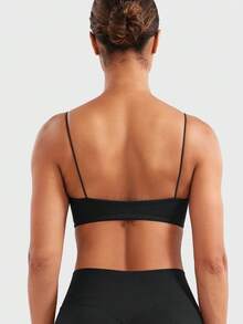 VOYJOY Women Spaghetti Strap Sports Bra Padded Low Support Seamless Impact Cami Square Neck Workout Yoga Bra Crop Top - 黑色 - 查看 4