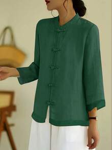 Blusa holgada y cómoda para mujer con cuello mao, botones, parches de malla y estilo retro artístico chino - Verde - Ver 2