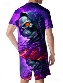 2-Piece Set Of Soft Knitted 3D Fashion Print Men's Short-Sleeve T-Shirt And Shorts Set. Features A Hooded Design With Skull, Red Eyes, Purple Flames, Mysterious Clouds, And Dark-Toned Figures. Casual, Stylish, Durable, Soft, And Comfortable. A Cool, Sporty, Breathable 2-Piece Set, Perfect As A Gift For Teenagers And Families - phong cách - Xem 5