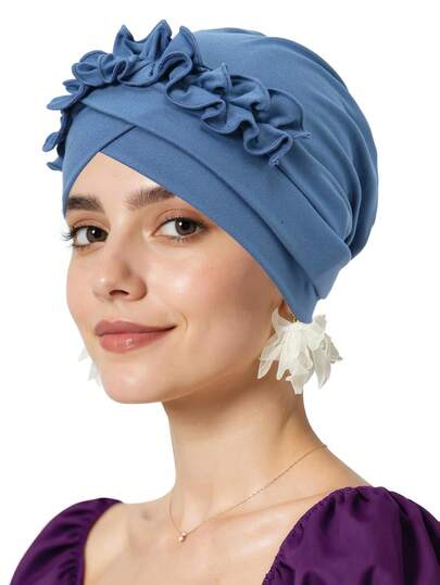 1pc European And American New Style Forehead Crossed Long Floral Headband Hat, Fashionable Base Hat, Muslim Women Head Wrap