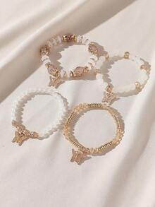 Bộ 4 chiếc vòng tay co giãn thủ công kiểu Bohemian đính cườm hình hoa và bướm dành cho nữ, phong cách nghỉ mát biển, vị trí mặt dây chuyền hình bướm ngẫu nhiên. - trắng - Xem 5