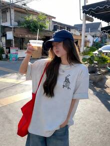 Y2K Cartoon Print Short Sleeve T-Shirt, Women's Summer Casual Loose Fit Round Neck Versatile Slim Tops - Light Grey - View 3