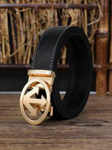 男士纹理PU皮革腰带，配箭头圆形自动扣，金色/银色/黑色镀层扣环，可调节棘轮设计，白色缝线细节，奢华商务休闲风格，父亲节和周年纪念日的完美礼物 - 彩色 - 查看 11