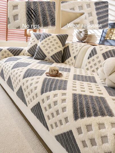 1pc Soft Flannel Sofa Cushion Cover, All-Season Comfortable Sofa Seat Protector, Modern Minimalist Anti-Slip Washable Sofa Slipcover, Dust-Proof, Pet-Friendly, Adjustable For Bedroom, Office, Living Room, L-Shaped And 1/2/3/4-Seater Sofas