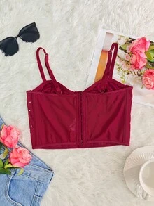 Black Rhinestone Thin Straps Bustier Top - 1 Piece Mesh Panel Cropped Waist Cinching Bust Enhancing Sexy Fashionable Date Party - Burgundy - View 6