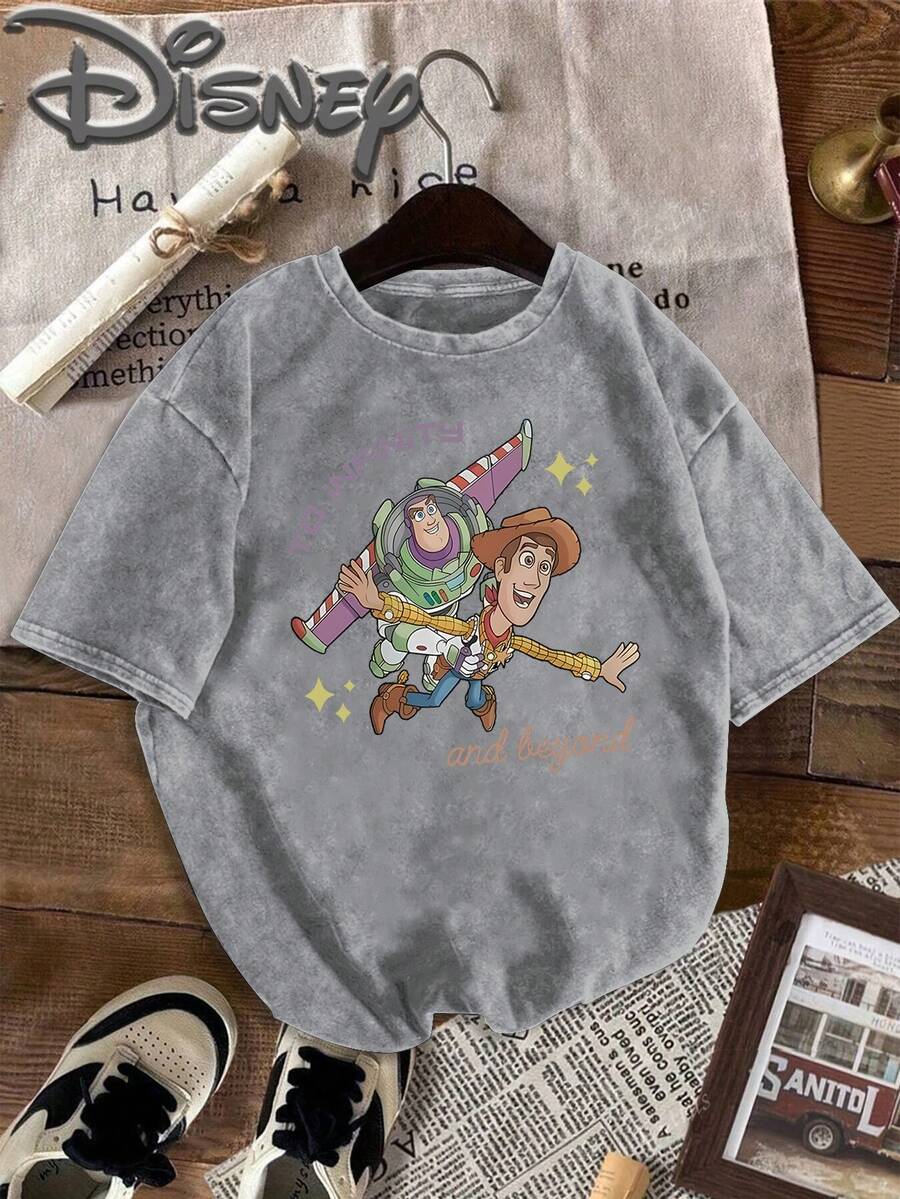 Disney Toy Story Buzz Lightyear Flies Side By Side With Woody, And The Words TO INFINITY And Beyond Shine With Elements, Prints, Designs, , Oversized Fashions, Old T-Shirts, Street Styles, Retro Fashion Lovers In Spring And Summer Of 2026, Popular Styles, Old Round Neck T-Shirts. - Grey - View 1