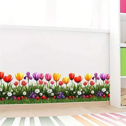 Colorful Tulips & Floral Border Wall Sticker, Spring Flower Baseboard Decal, Removable Self-Adhesive Decor For Living Room, Bedroom, Kids Room