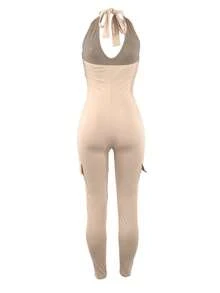 Women's Summer Spring And Autumn Solid Color Sleeveless Backless Halter Neck Tight Jumpsuit With Pockets Bodycon Trousers - Màu be - Xem 3
