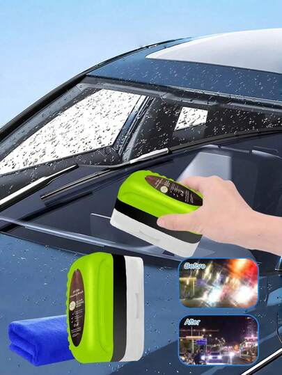 2pcs/Set Car Windshield Anti-Fog Kit - Includes ABS Resin Cleaning Brush, Applicator Sponge And Microfiber Cloth, Removes Oil, Water Stains And Fog, Suitable For Windshield, Side Windows, Rearview Mirrors, Glasses, Helmets, Easy To Use