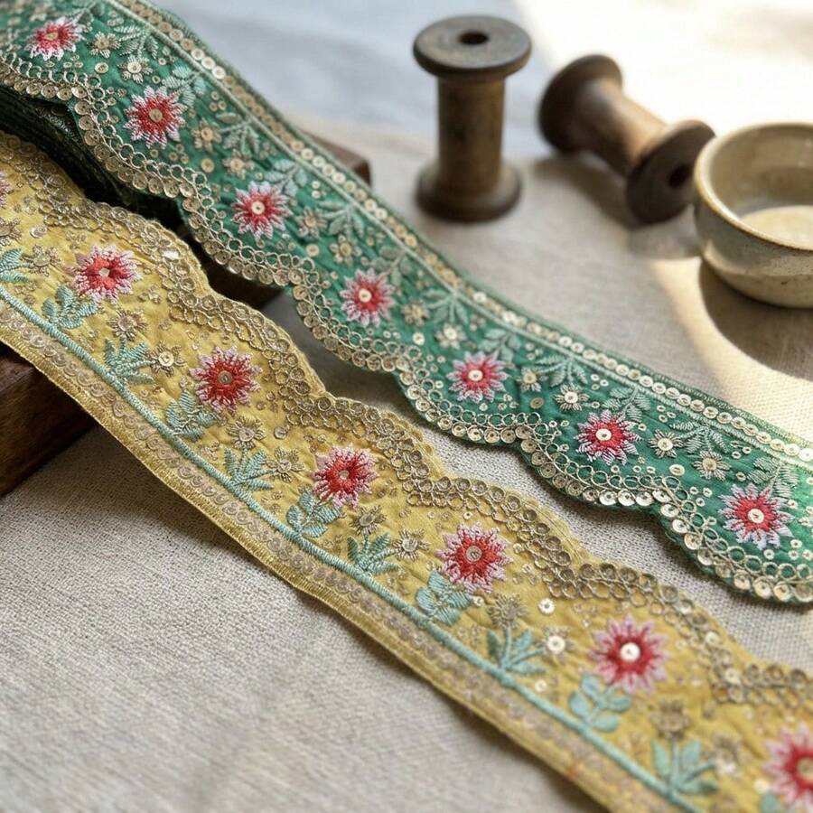 1/5 Yard Multi-Color Floral Embroidered Sequin Lace Trim - Suitable For DIY Hat Bands, Ties, Curtain Decorations And Other Sewing Projects, Crafts, Home Decor, Fashion Design, Chinese Style And Christmas Gift Packaging, DIY Clothing And Beginner Sewing - Multicolor - View 1