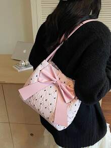 Tas Bahu Wanita Ringan Modis Kapasitas Besar dari Kulit PU Warna Polos dengan Hiasan Pita, Tas Tangan Wanita Elegan, Tas Warna Pink - Berwarna merah muda - View 4