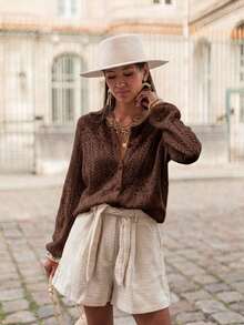 宽松女士秋季服装，半透明针织开衫，长袖，圆领，前襟纽扣，简约优雅，时尚女性春季衣橱必备单品 - 咖啡棕 - 查看 5