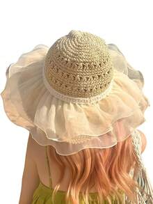 1顶蕾丝边珍珠网纱草帽，女士沙滩帽，宽檐可折叠旅行渔夫帽，春夏款 - 多色 - 查看 2