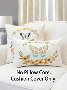 1pc Spring & Summer Floral Embroidered Throw Pillow Cover, Butterfly Wreath Cushion Cover, Suitable For Indoor Decor, All Season Pillow Sham, Pillow Insert Not Included - Multicolor - View 2