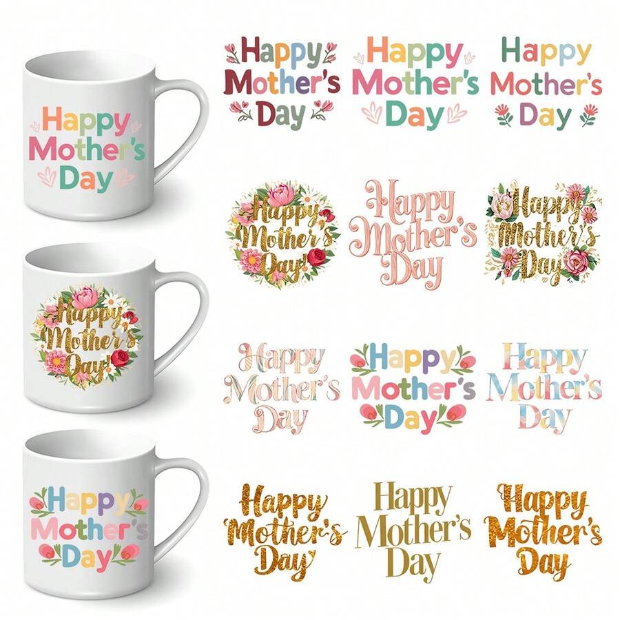 12pcs Mother's Day DIY UV Transfer Printing Set - Waterproof Self-Adhesive Paper Suitable For Cups, Bottles, Laptops - Matte Effect, PVC, Waterproof - Multicolor - View 1