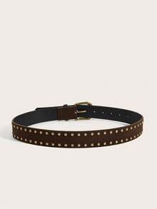 1pc Vintage Gold Square Buckle Rivet Belt For Women, Suitable For Dresses And Coats - Coffee - View 3