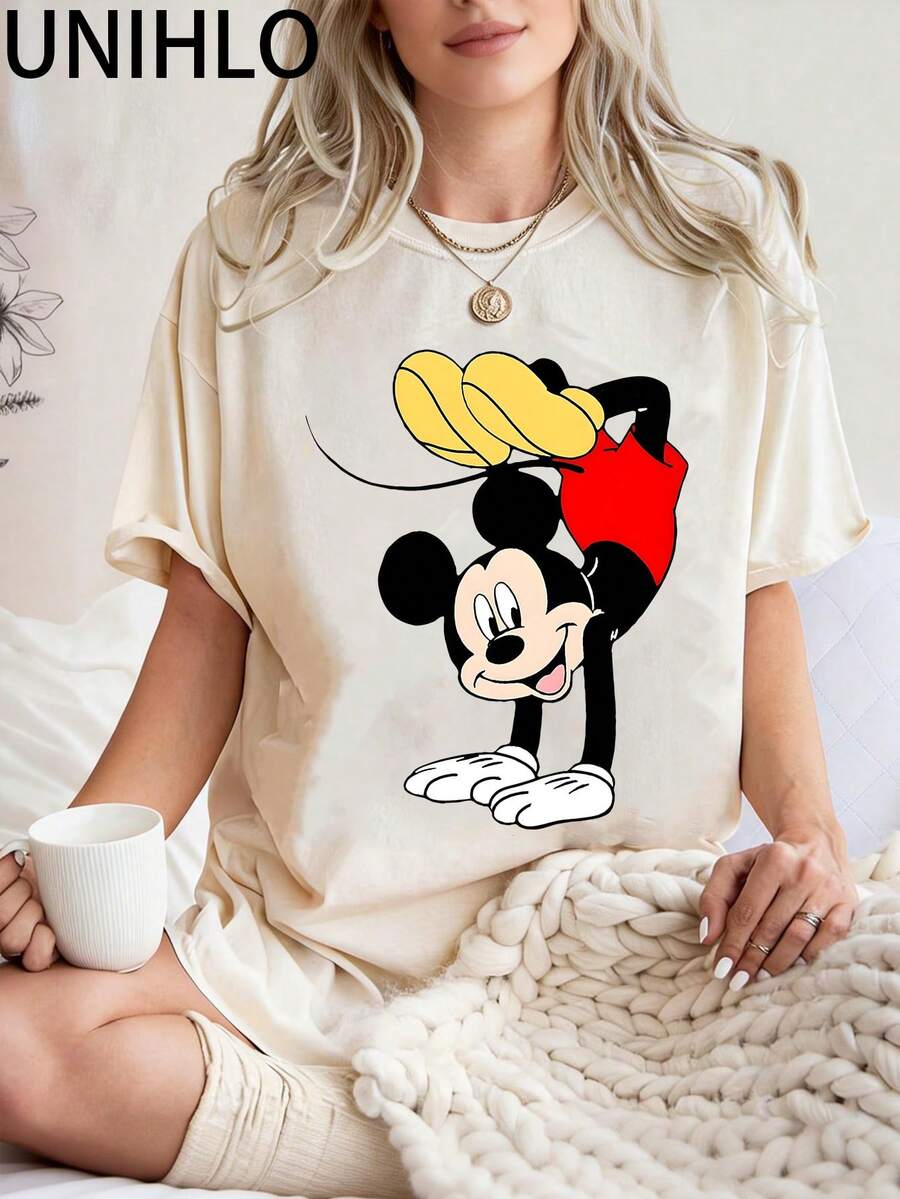 Disney UNIHLO Mickey  Print  Summer Casual Versatile Pure Cotton T-Shirt Suitable For Any Place - 白色 - 查看 1