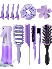 2/5/6/12件套男女通用美发造型梳套装（新款升级卷发造型梳、9排尼龙气垫造型梳、蓬松梳、尖尾梳、边缘梳、喷雾瓶、4个鳄鱼夹、花朵发夹、美发造型梳套装） - 彩色 - 查看 9
