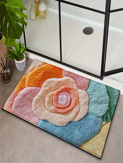 1 Floral Welcome Printed Bathroom Door Mat, Microfiber Anti Slip Mat, Imitation Cashmere Absorbent Quick Drying Mat, Suitable For Holiday Party Decoration, Kitchen, Bathroom, Dining Room, Bedroom, Can Be Given As A Gift