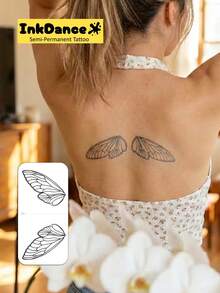 1套“空灵蝉翼”科技纹身贴纸，半永久纹身贴纸，3张一套（1张），临时纹身贴纸，持久耐用，防水，逼真纹身效果，植物基 D326 - 黑色 - 查看 2