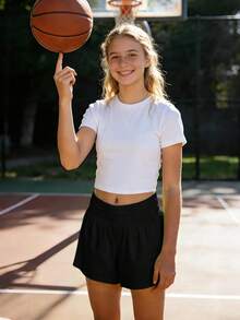 Girls Athletic Shorts Elastic High Waist 2 In 1 Shorts With Side Pockets Running Workout Sports For Teen Kids - màu đen - Xem 2