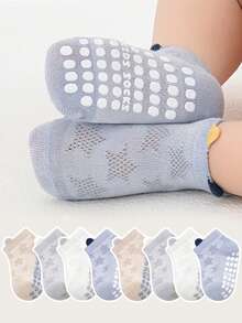 4双装婴儿/幼儿防滑星形网眼透气地板袜，纯色软底室内鞋，男女童通用，适合日常休闲穿着，蓝色 - 彩色 - 查看 6