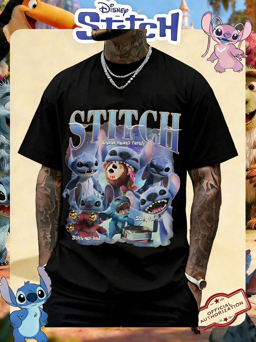 Disney Official Licensed Lilo & Stitch Ohana Means Family Retro Print 220g Cotton Crew Neck Unisex Tee - màu đen - Xem 1