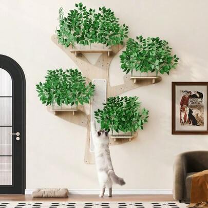 Wall-Mounted Cat Climbing Wall, Tree Design - Made Of Solid Pine Wood With A Scratching Surface And Platform, Aesthetically , Dimensions 155 X 210 Cm - Cat Climbing Wall, Wall-Mounted Cat Tree
