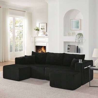Modular 3-Seater Corner Sofa, Compact L-Shaped Sofa With Removable Ottomans, Soft Corduroy Upholstery, Cup Holders, Side Pocket And Cushions, Ideal For Living Rooms, Hotels And Rental Apartments, Black