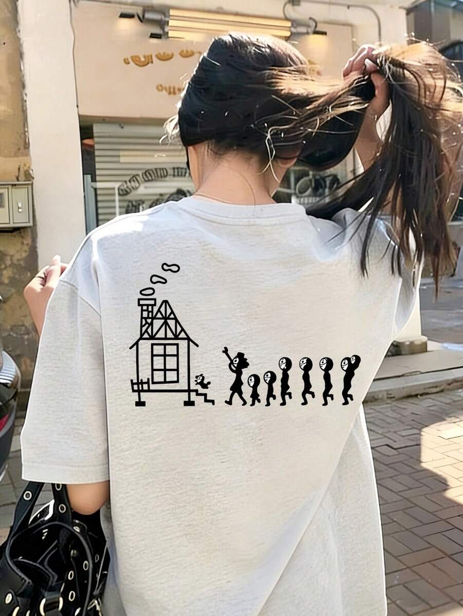 Y2K Cartoon Print Short Sleeve T-Shirt, Women's Summer Casual Loose Fit Round Neck Versatile Slim Tops - Light Grey - View 1