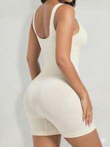 1pc Women's Beige Seamless Square Neck Jumpsuit, Slimming Shapewear, High Elasticity Breathable Fabric Suitable For Summer Daily Wear - Beige - View 5