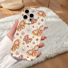 1pc Fashion Yellow Butterfly & Flower Pattern Asymmetric Cream Phone Case, Ideal For Daily Use, Compatible With IPhone17pro/17promax/17Air/17/16e/16/15/14/13/12/11/Galaxy S23/S24/S25/S26/A57/A37/A17/A07 Series - White - View 5