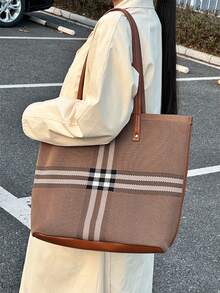 2026 New Large Capacity Tote Bag, Casual Versatile Shoulder Bag, Woven Striped Shopping Bag, Women Commuter Handbag - Brown - View 5