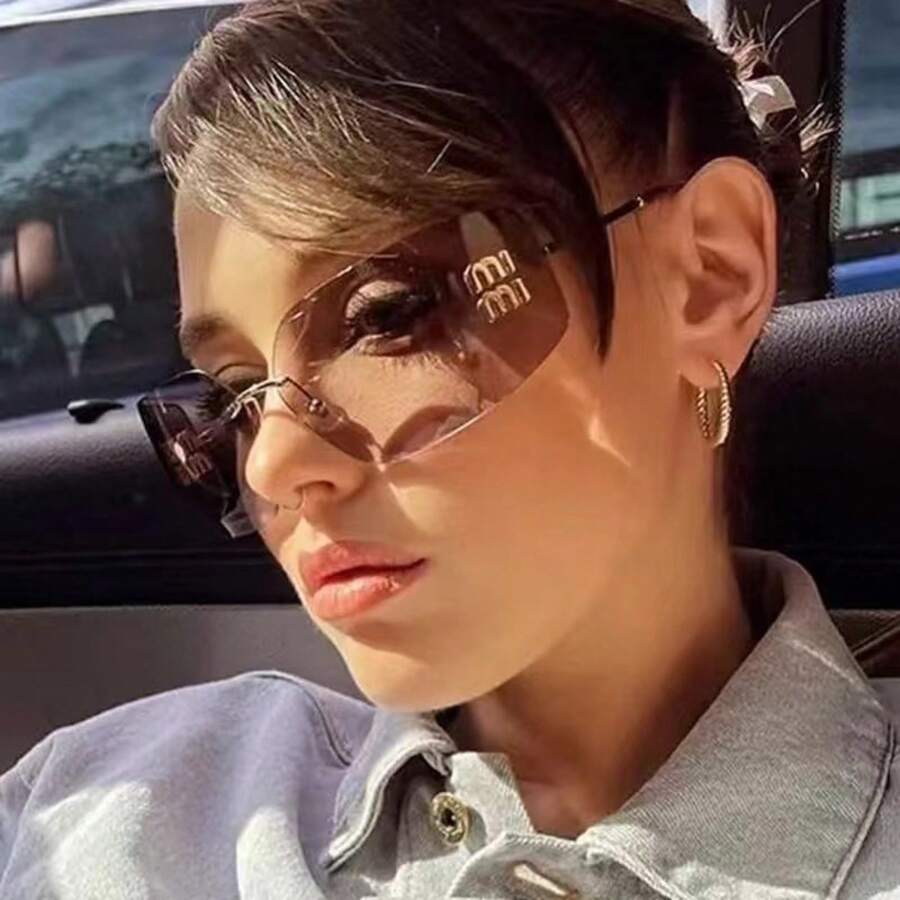 New   Sunglasses For Women, High-End Y2K Curved One-Piece Frameless Cut-Edge Sunglasses - 金框茶片 - 查看 1