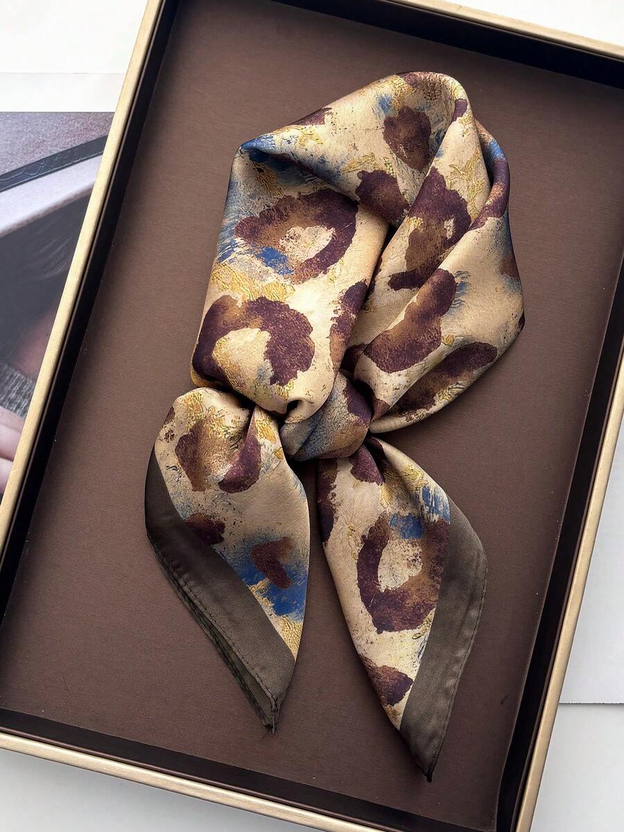 1pc Women's Leopard Print Faux Silk Scarf, Fashionable Versatile Neckerchief - Brown - View 1