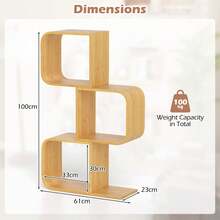 COSTWAY 3-Tier S-Shaped Bookcase, Bamboo Bookshelf With 3 Open Compartments, Geometric Corner Rack, Decorative Storage Solution, Floor Display Shelf For Living Room, Study, Home Office, Natural - A - View 2