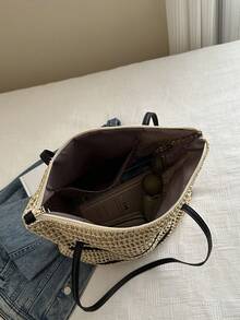 Bolsa de praia para férias, bolsa de palha trançada, bolsa de palha trançada de grande capacidade, bolsa de ombro em cores contrastantes - Multicolorido - Ver 7