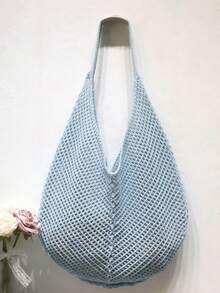 Túi tote đeo vai đan móc dung tích lớn - Túi xách tay bằng polyester đan nhẹ, đa chức năng, màu be, xanh nhạt, nâu, đen, thích hợp cho du lịch, đi biển, kỳ nghỉ và sử dụng hàng ngày, túi tote cỡ lớn, túi đi biển. - Màu xanh nhạt - Xem 11