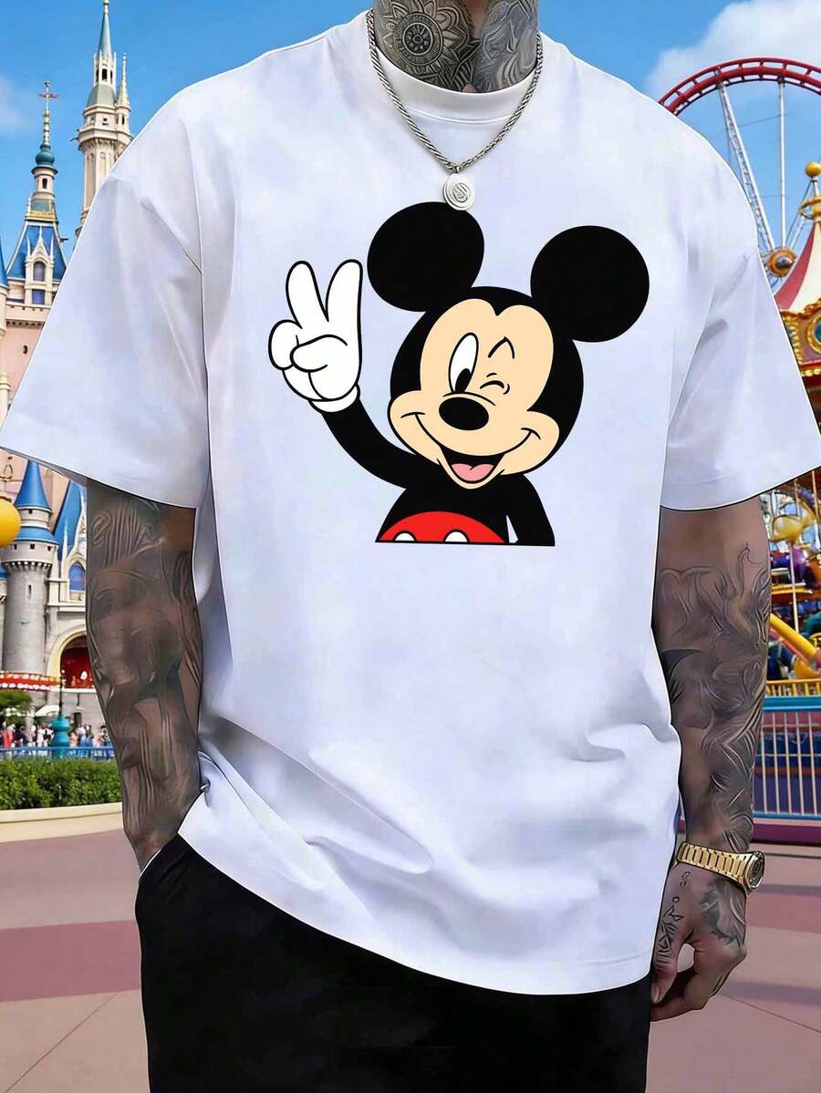 Disney 2026 Limited Edition Mickey Mouse Wink Pattern Short-Sleeve T-Shirt, Men's Summer Crew Neck T-Shirt, Youthful Cartoon Men's T-Shirt, Suitable For Everyday Outings, Commuting, And Parties Men Clothes. - White - View 1