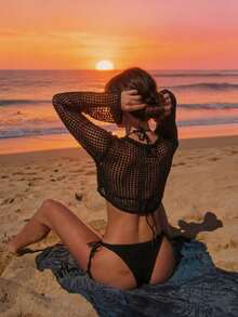 Women's Sexy Semi-Sheer Knitted Mesh Cover Up With Starfish Pattern, Perfect For Beach Vacation - Black - View 3