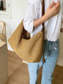 2026新款大容量休闲草编斜挎包，沙滩手提编织包，夏季度假必备 - 棕色 - 查看 3