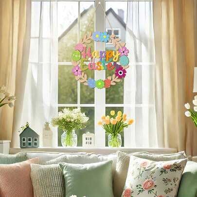 2D Flat Wooden Printed 1pc Rabbit & Eggs Spring Easter Wreath Decor - Artificial Hanging Sign Suitable For Home, Wall Or Door Decor - Rabbit, Eggs & Floral Ornaments, Indoor/Outdoor Easter Party Decoration. Suitable For 11 Holidays