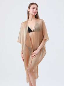 1pc Solid Color Casual Polyester Beach Cover-Up, Lightweight Windproof Sunscreen Shiny Metallic Threads Slit Sleeve Shawl, Spring/Summer - Multicolor - View 2