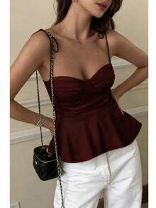 1 Piece Women's Casual Top With Ruffled Hem, Elegant Pure White Minimalist French Tank Top, Fitted Cropped Camisole, Lightweight For Vacation And Work, Front Tied Strap, Sexy Babydoll Silhouette, Spring/Summer/Autumn - 酒紅色 - 查看 1