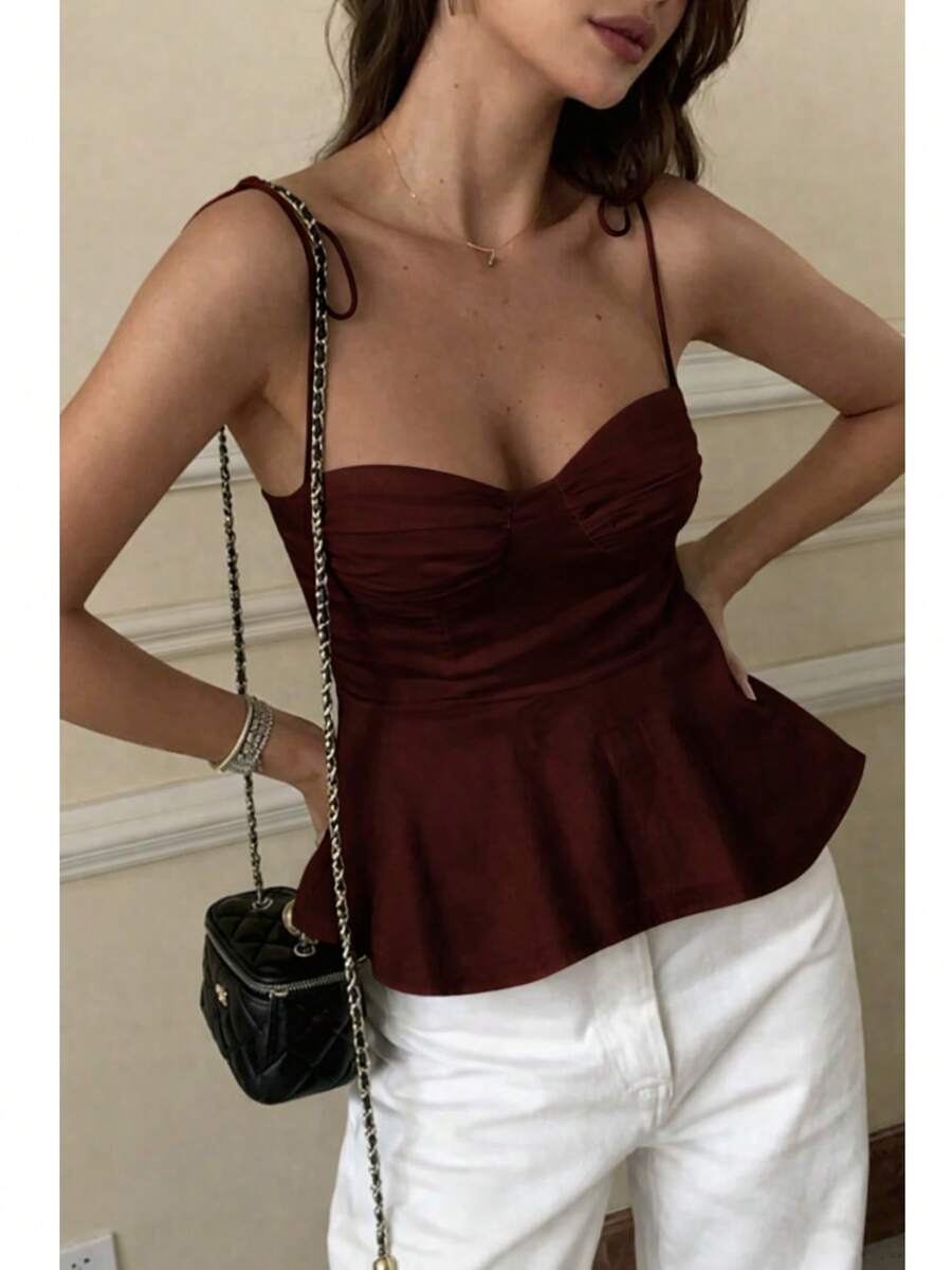1 Piece Women's Casual Top With Ruffled Hem, Elegant Pure White Minimalist French Tank Top, Fitted Cropped Camisole, Lightweight For Vacation And Work, Front Tied Strap, Sexy Babydoll Silhouette, Spring/Summer/Autumn - 酒紅色 - 查看 1