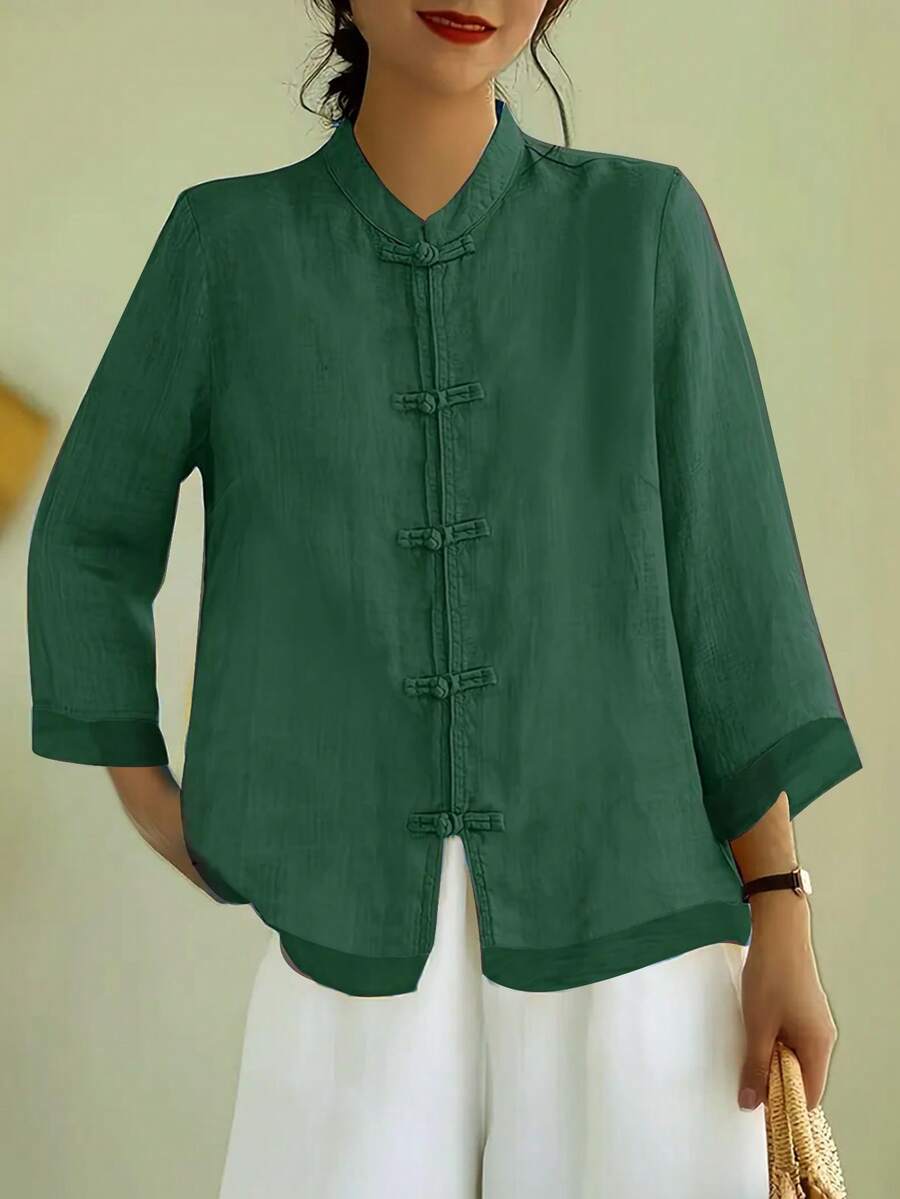 Blusa holgada y cómoda para mujer con cuello mao, botones, parches de malla y estilo retro artístico chino - Verde - Ver 1