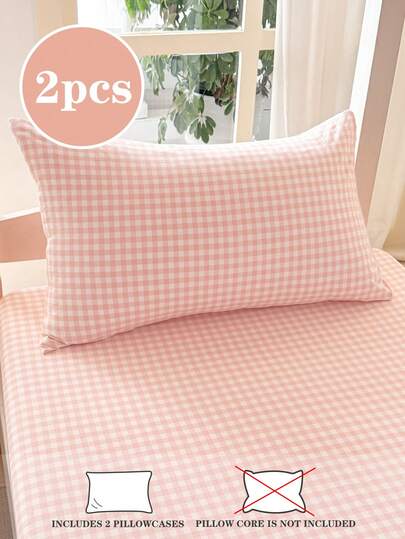 2pcs Soft & Cute Plaid Pillowcase, Suitable For Spring/Summer Student Use, Pillow Insert Not Included. Available For Double, Queen, King Size Beds.