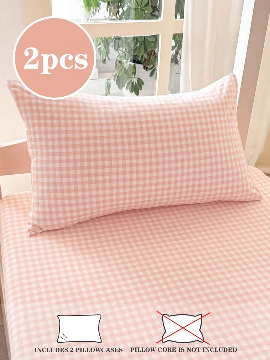 2 piezas Funda de almohada suave y linda a cuadros, adecuada para uso estudiantil en primavera/verano. Inserto de almohada no incluido. Disponible para camas dobles, queen y king. - Rosa - Ver 1