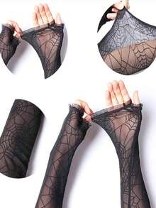 1 Par de Luvas Sem Dedos Longas Estilo Gótico Punk com Teia de Aranha para Mulheres, Mangas de Proteção Solar com Renda para Esportes ao Ar Livre e Ciclismo - Preto - Visão 3